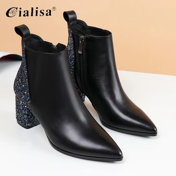 

CIALISA Pointed Toe Genuine Leather Crystal Fashion Design Chunky Heel Winter High Quality Shoes 2020 Zipper Ankle Boot Women