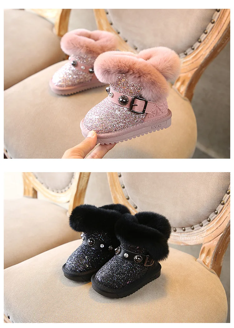 DOGEEK/зимние ботинки для девочек; зимние ботинки для маленьких детей; нескользящие теплые хлопковые ботильоны для девочек; детские мягкие ботинки на кроличьем меху; стразы; заклепки