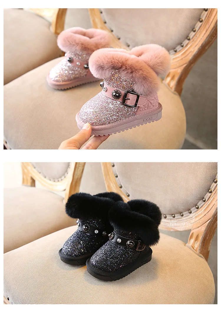 Botas de Neve Pele de Coelho Dogeek Menina Inverno Bebê Crianças Botas Anti Deslizamento Quente Algodão Meninas Ankel Boot Macio Strass Rebite 23 crianças botas anti deslizamento quente algodão meninas