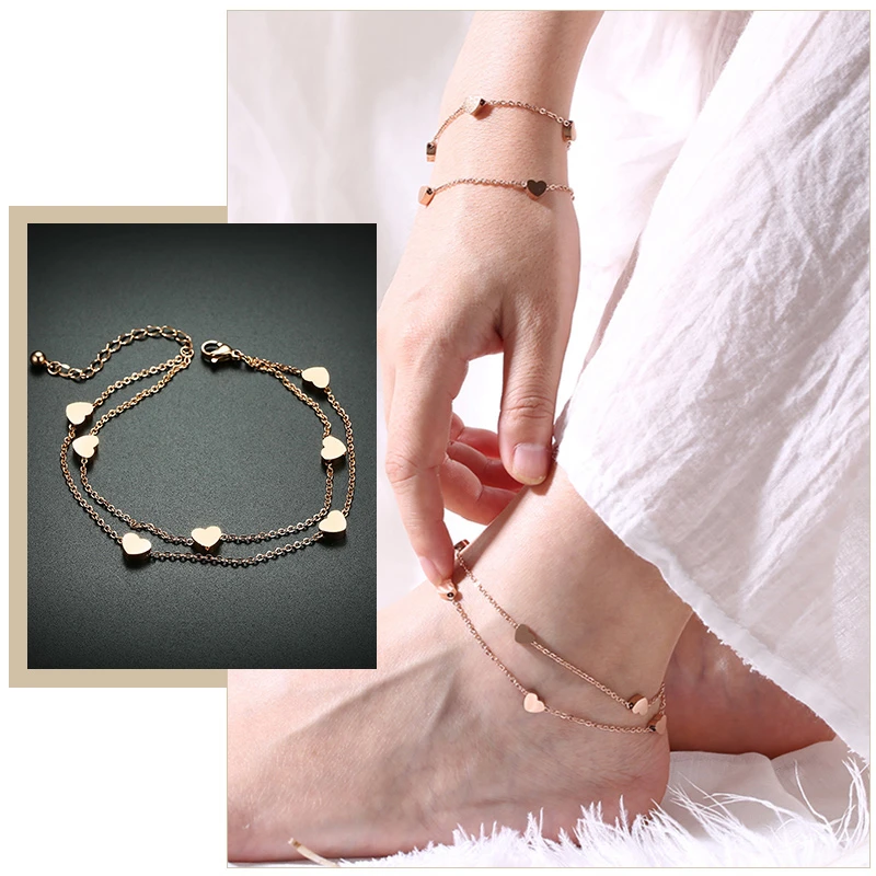 Elegant Heart Link Anklets for Women Anti Allergy Stainless Steel Chain Charms Beach Holiday Gifts for Her Jewelry Elegant Heart Link Anklets for Women Anti Allergy Stainless Steel Chain Charms Beach Holiday Gifts for Her Jewelry