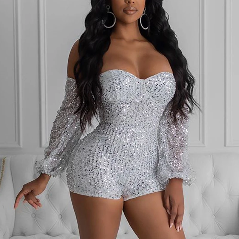 Silver Playsuit COSYGAL, осенне-зимние обтягивающие соблазнительные платья, женские вечерние платья на шнуровке для ночного клуба, серебристые платья с глубоким вырезом и длинным рукавом, платье с блестками - Цвет: Silver Playsuit
