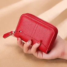 New Genuine Leather Women Business Wallet Card Holder Zipper Bank Credit Card Case ID Holders RFID Female Wallets Coin Purse Red