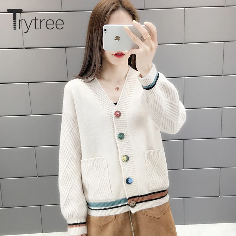 

Trytree 2019 Autumn Winter Women Casual Acrylic V-Neck Colorful Buttons Cardigans Single Breasted Solid 5 Colors Pockets Sweater