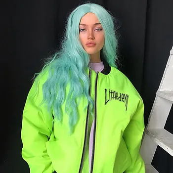 

Zip Up Oversized Bomber Jacket Women Clothes 2019 Winter Streetwear Boyfriend Coat Neon Yellow Black Outerwear