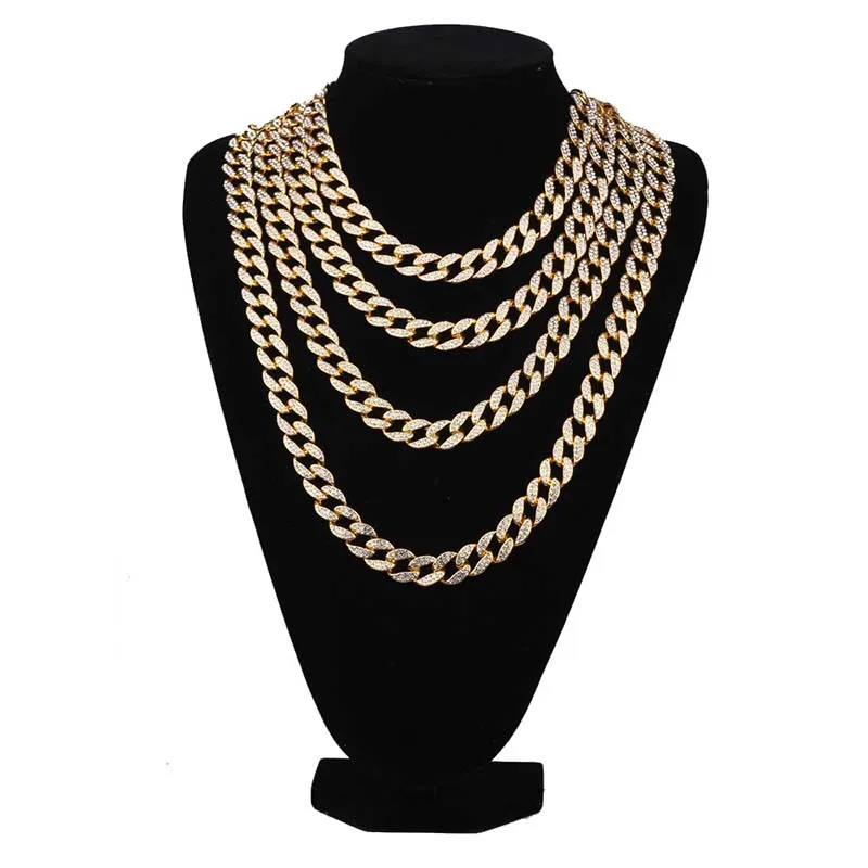 

Full Iced Out 1.5cm Wide Gold Silver Paved Rhinestones Miami Cuban Chain CZ Bling Rapper Necklaces For Men Hip Hop Jewelry