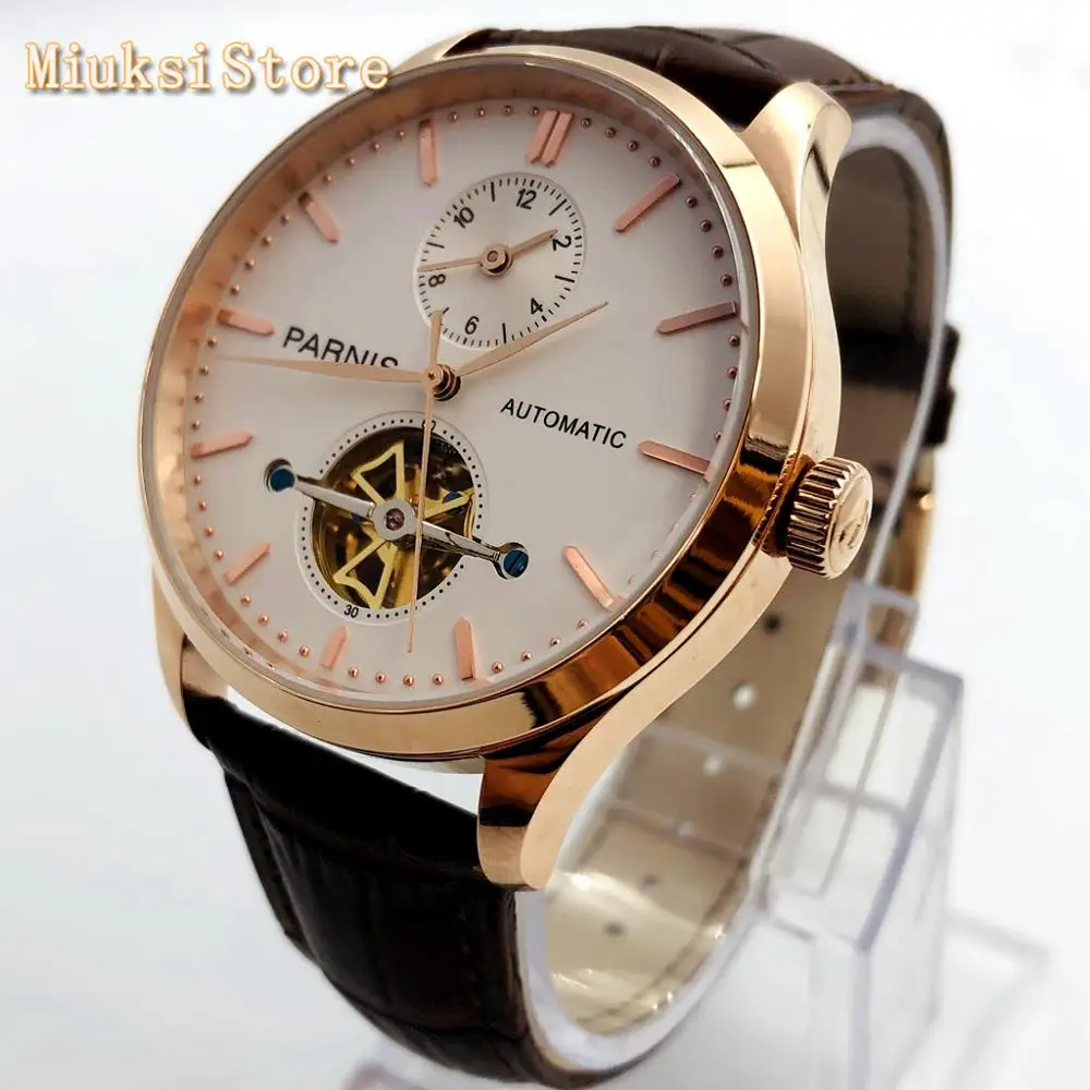 

Parnis new 43mm rose gold case white dial leather strap waterproof automatic mens top leisure flywheel mechanical watch