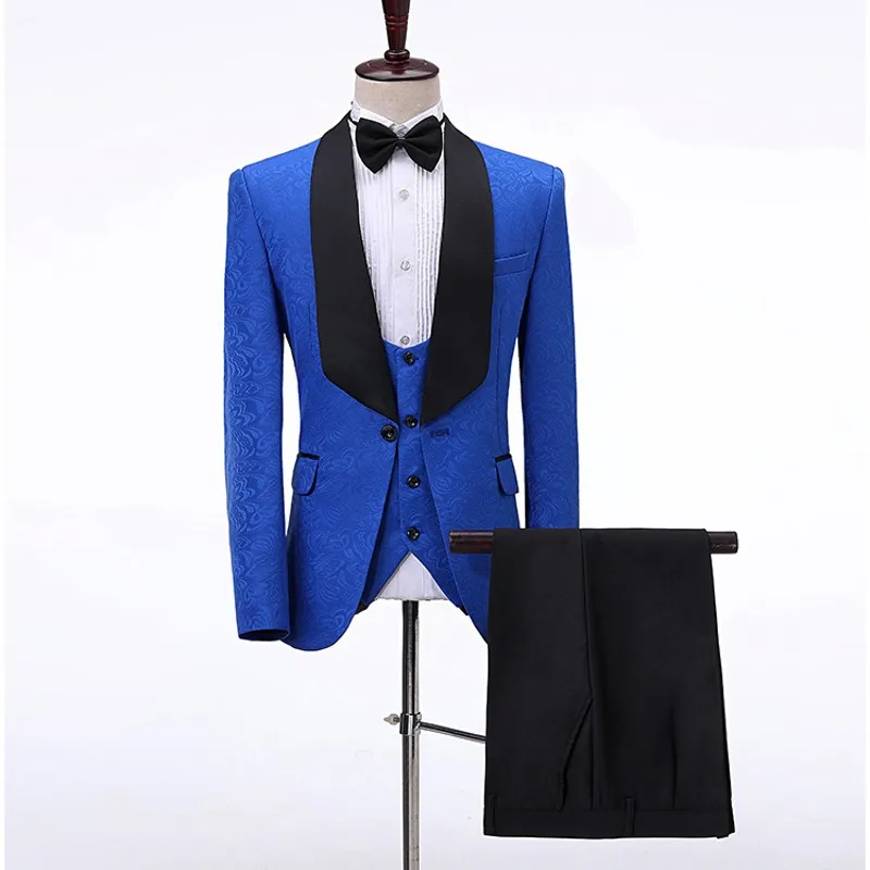 

Men Suits Royal Blue Pattern and Black Groom Tuxedos Shawl Satin Lapel Groomsmen Wedding Best Man ( Jacket+Pants+Vest+Tie ) C722