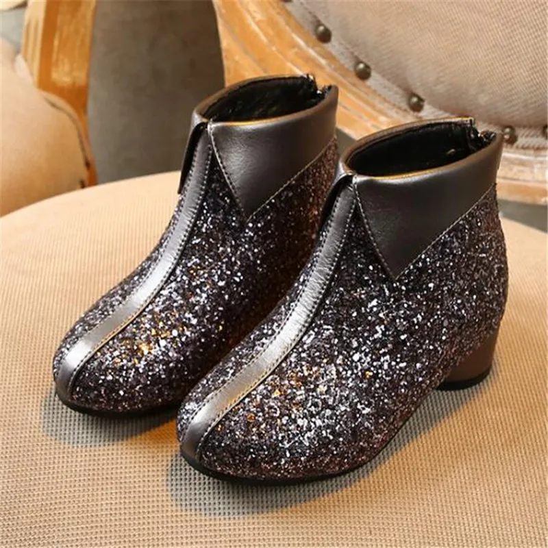 gun color Weoneit Kids Princess Shoes Children Ankle Boots PU Leather Sequin Autumn Winter Boots New Girls High-heeled Boots CN 26-37 - Цвет: gun color