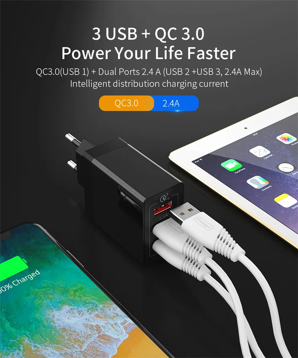 Essager 30 Вт Quick Charge 3,0 USB зарядное устройство QC3.0 QC быстрое зарядное устройство мульти разъем настенное зарядное устройство для мобильного телефона для iPhone samsung Xiaomi Mi