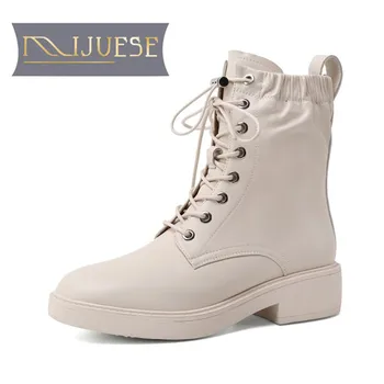 

MLJUESE 2021 women ANKLE boots Cow leather Winter short plush Round Toe Lace-Up Elastic band Med heels female boots size 39