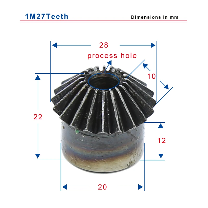 

1M27 teeth bevel gear outer diameter 28 mm total height 22 mm process hole low carbon steel material gear