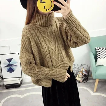 

Loose High Collar Pullover Womens Sweaters Short Bat Sleeves Lazy Style Thick Wool Thickening Winter Clothes Women