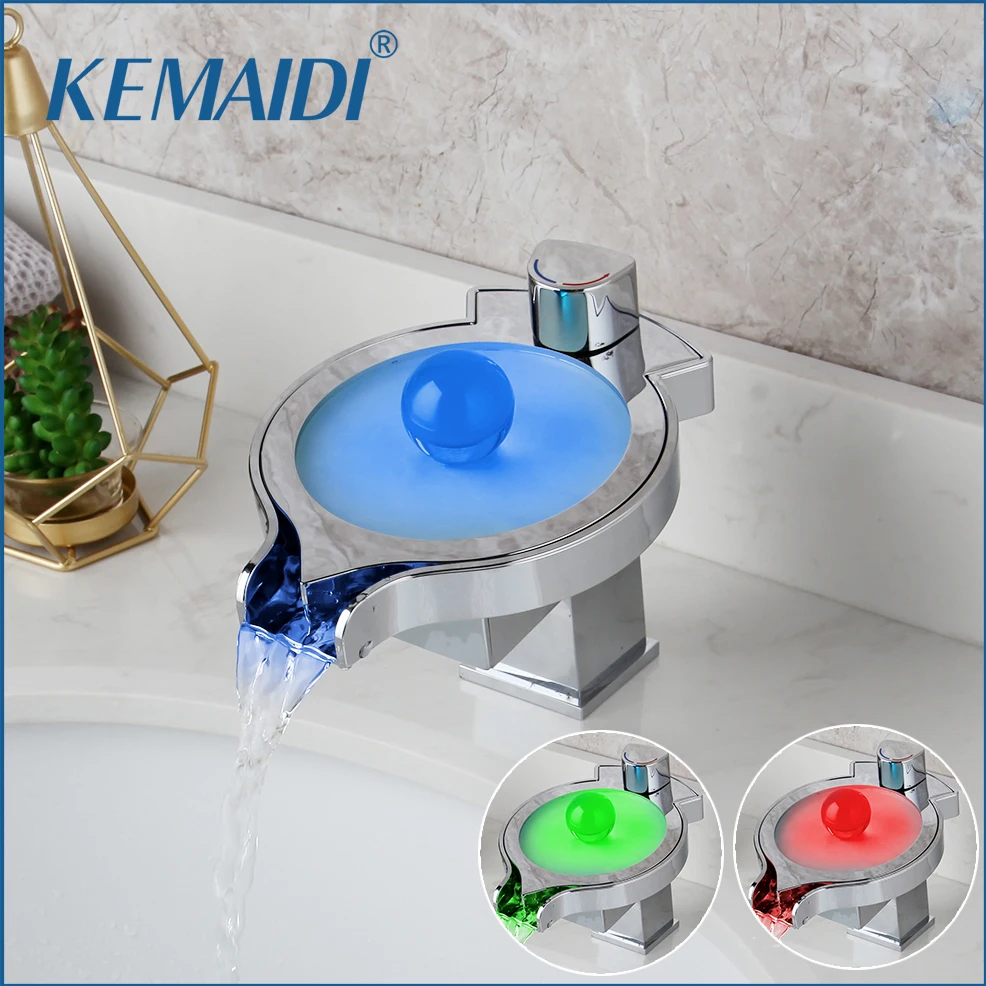 

KEMAIDI LED Color Changes Waterfall Basin Faucet Bathroom Bath Tub Sink Mixer Tap Single Handle Kitchen Water Faucet Chrome