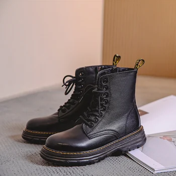 

Soild Black Boots Women Genuine Leather Ankle Boots for Women Autumn Dr Martens Woman Lace Up Boots Female Women Shoes Fashion