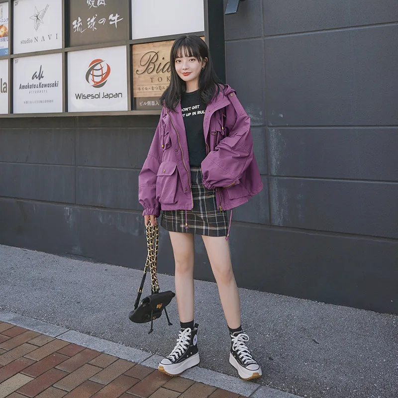 

Photo Shoot INS Spring Clothing Taro Purple Stereo Four Pocket Hooded Loose-Fit Workwear BF Wind Coat Short Jacket Women's