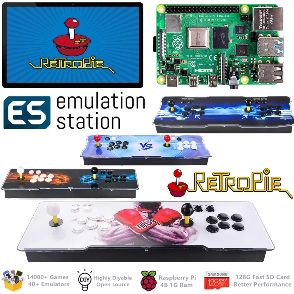 

Arcade Console 2 Players Classic Retro Games Raspberry Pi 4 Model B(1G Ram Edition) ES Retropie 40+ Emulators 128G 14000+ Games