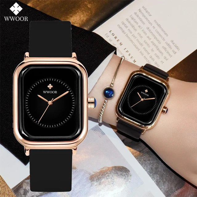 Reloj mujer novo wwoor marca superior de luxo feminino moda preto relógio  de silicone senhoras quadrado relógio de quartzo elegante relógios de pulso  - AliExpress