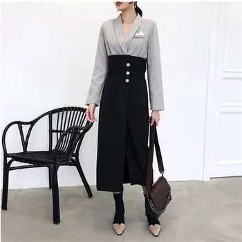 

HziriP Autumn 2019 New Women V-neck Office Ladies OL Casual Shirts + Black High Waist Split Long Skirts Fresh Suits 2 Piece Sets