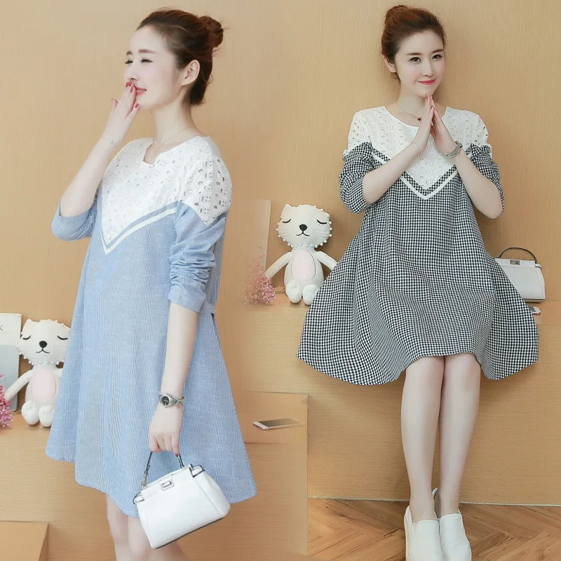 

Maternity Clothes 2019 Autumn New Style Fashion Stripes Cotton Linen Hollow out Joint Mid-length Long Sleeve Pregnant Women Dres
