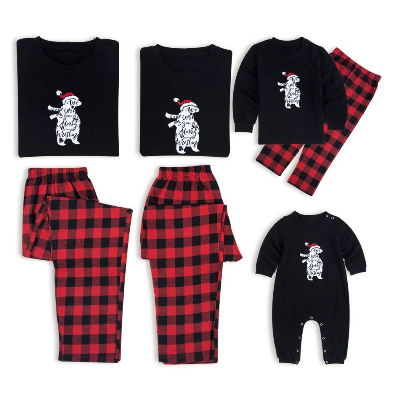 Christmas Family Matching Outfit Bear Printed O-neck Suit Kids Romper Sleepwear Adult 2 Pieces Set Pajamas Black XXL - Color: B