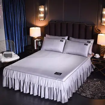 

31 Korean Washed Silk Bedspread Bed Skirt Pillowcases 1/3pcs Girls Bed Sheet Solid Mattress Cover Wedding Princess Bedding Home