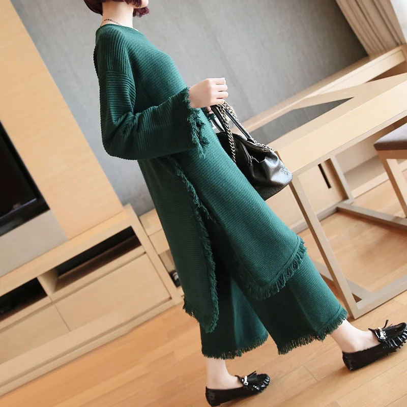 

Women's knitting sweater suit autumn and winter 2019 new fashion lady knitted long sweater+ wide leg pants two piece set