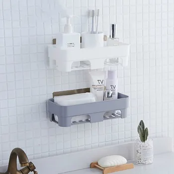 

Punch-free bathroom shelf plastic toilet bathroom vanity wall hanging storage rack basket no trace stickers XI3081524
