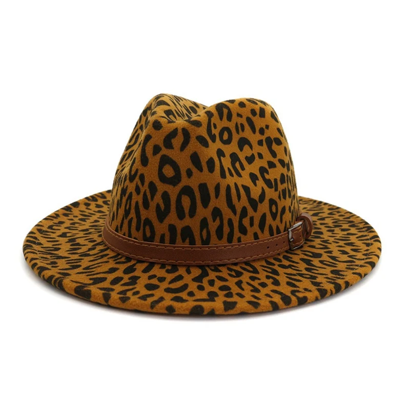Новые модные трендовые унисекс шерстяные фетровые джазовые шляпы с плоским козырьком для мужчин и женщин леопардовые кожаные ремешки Декор Панама Формальные шляпы - Цвет: KK
