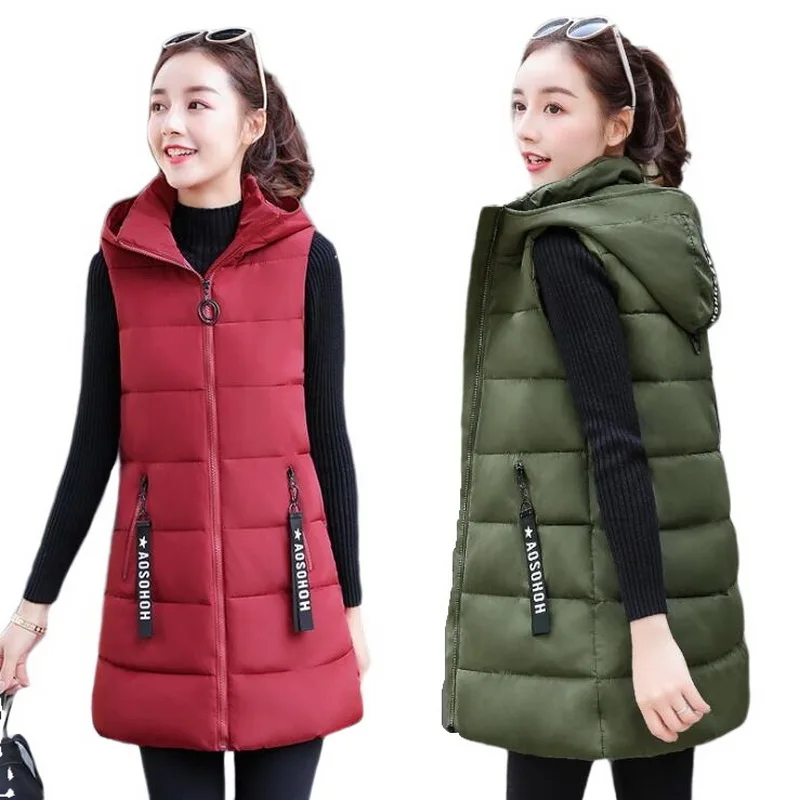 Женский жилет без рукавов теплый длинный с капюшоном на осень и зиму|Жилеты
