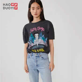 

VomVoa New Style Cartoon Betty Boop Doll Cool Printed Short Sleeve Loose-Fit Slimming Crew Neck Leisure T-shirt Women's