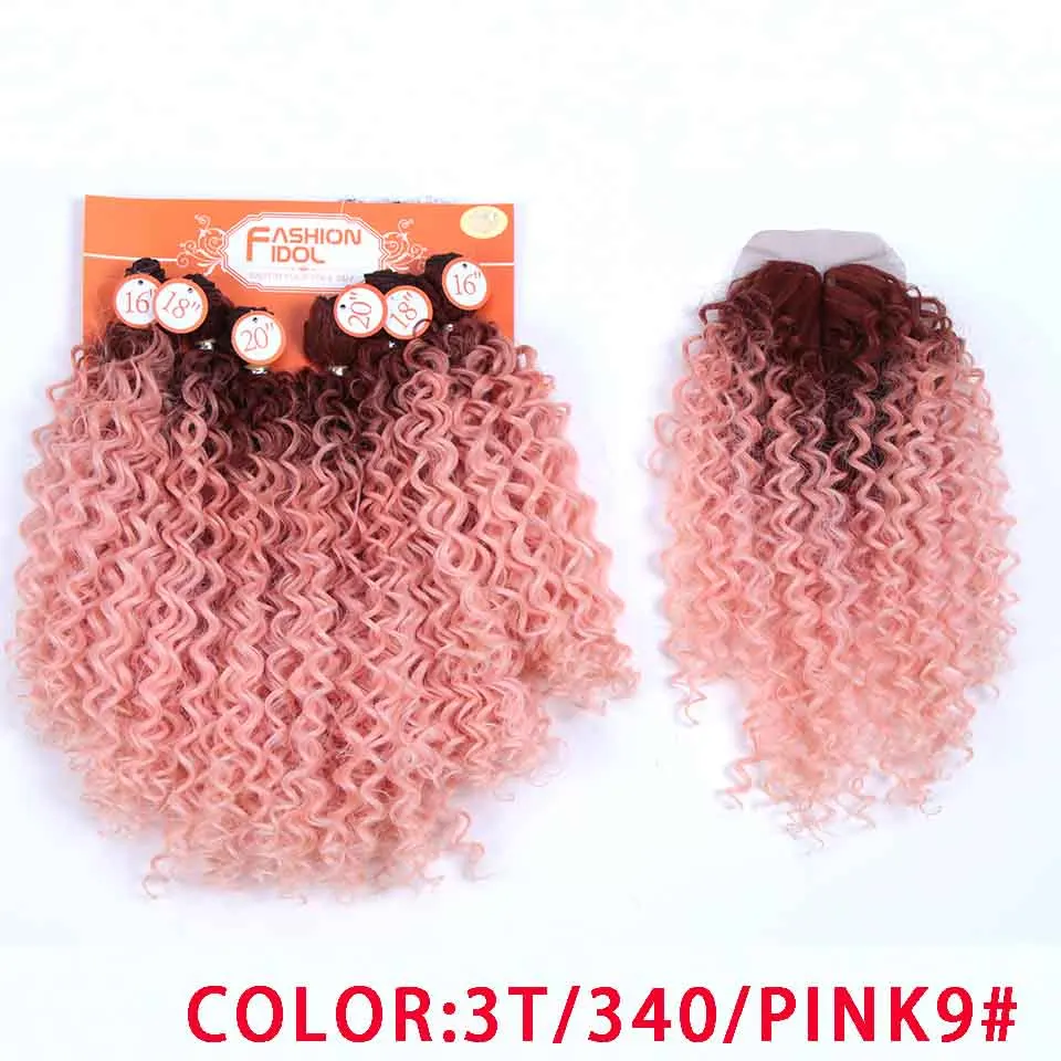 3T4-PINK9 Волшебные афро кудрявые волосы синтетические волосы 16-20 дюймов 7 шт./лот пряди с закрытием Африканские кружева для женщин - Цвет: 3T4-PINK9