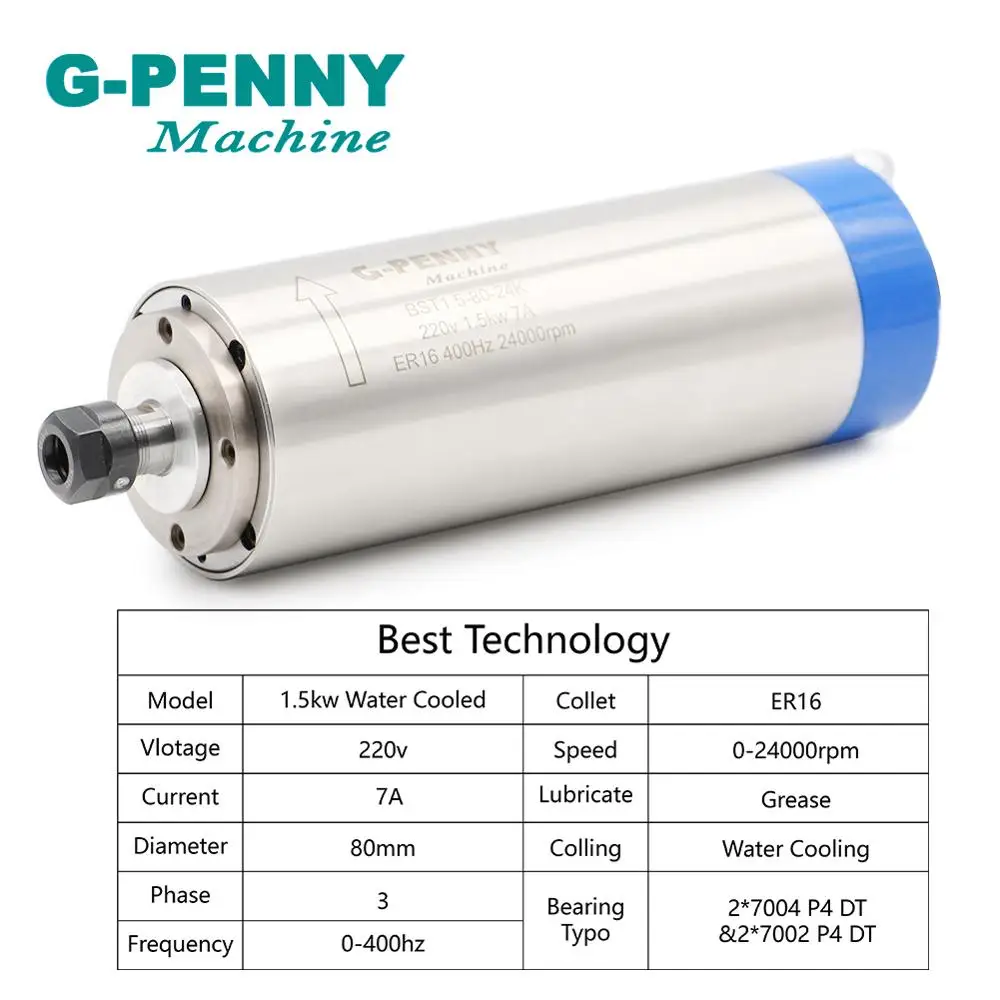 G Penny 220 В кВт ER16 CNC с водяным охлаждением Шпиндельный двигатель 80x мм 4 подшипника