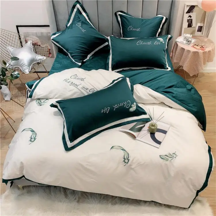 4 шт. роскошный длинноволокнистый хлопок Полный queen king size скандинавском стиле вышитый сатиновый бирюзовый зеленый постельный комплект MR