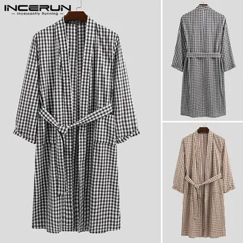 

Men Plaid Sleep Robes V Neck Long Sleeve Breathable Nightgown 2020 Pockets Leisure Lace Up Homewear Mens Bathrobes S-5XL INCERUN
