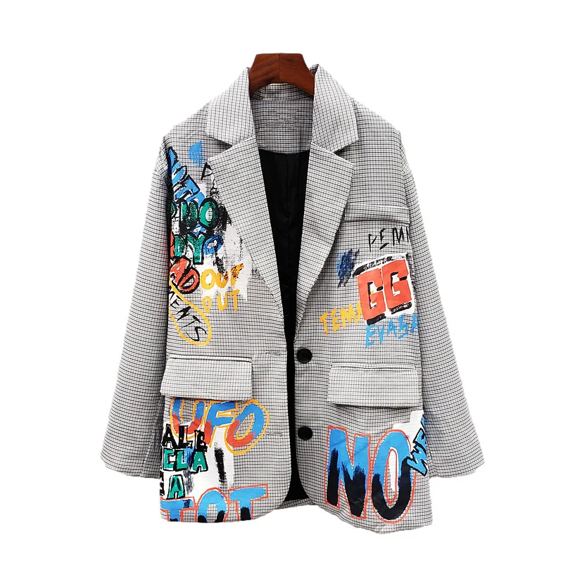 

Streetwear Fashion Graffiti Letters Gray Plaid Blazer Jacket Women Long Sleeve Suit Jacket Coat Female Loose Casual Blazers Coat