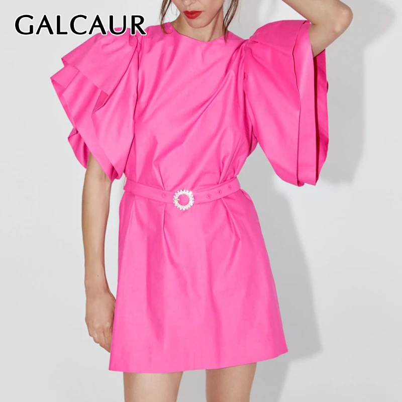 Платье GALCAUR женское с круглым вырезом милое мини-платье пышными рукавами