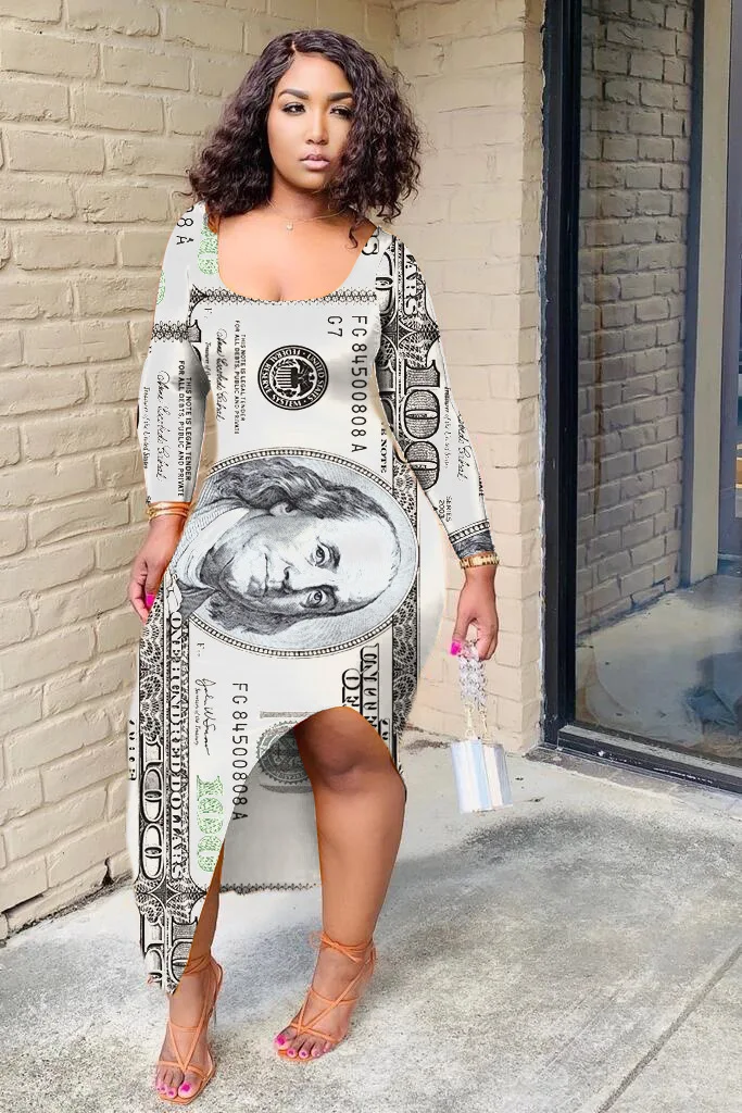 

Autumn New Long Sleeve US Dollars Printed Strapless Pencil Women Dresses