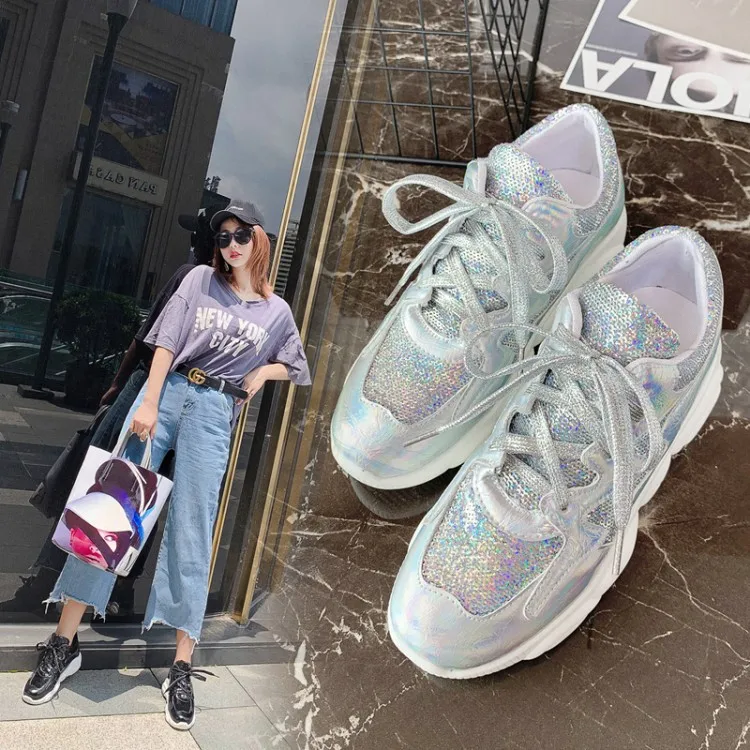 

2020 Autumn And Winter New Style Elevator Lace-up Casual Shoes Women's Reflective Material Punched Sheet Surface Athletic Shoes