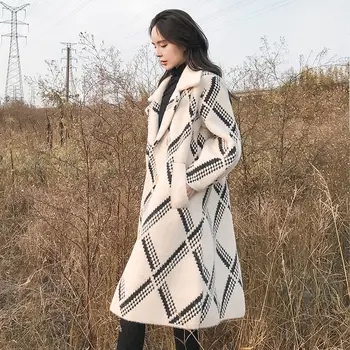 

Women 2020 Autumn Spring Imitated Mink Wool Coat Female Loose Casual Plaid Double Breasted Knit Cardigan New Fashion Sweater G32