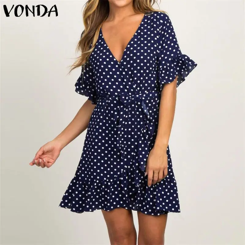 VONDA богемное женское платье с цветочным принтом, сексуальное мини-платье с v-образным вырезом и оборками, летнее элегантное пляжное платье с бантом, женские платья