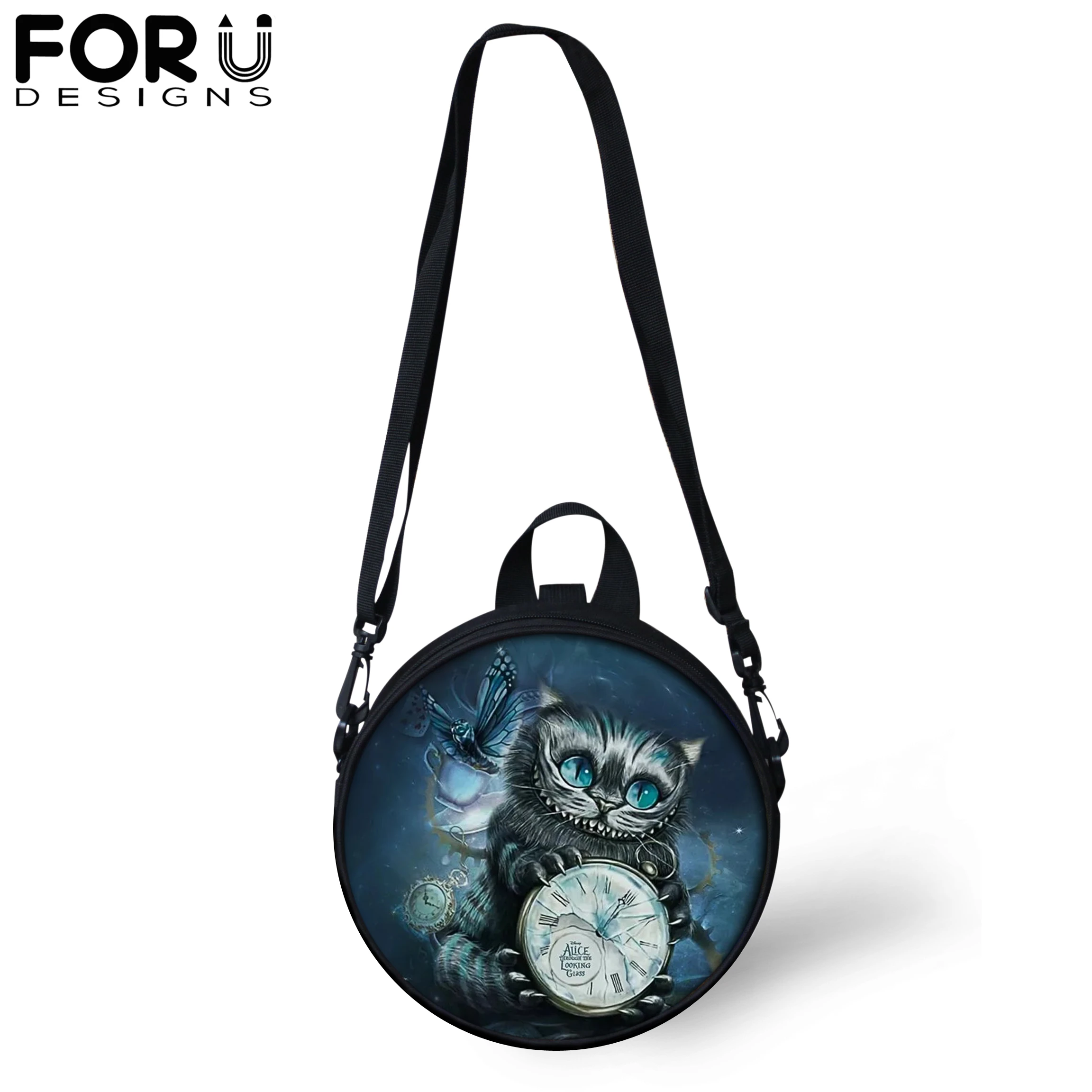 FORUDESIGNS/винтажная Готическая круглая сумка на плечо для девочек-подростков, женская, детская, черная, с принтом кота, сумка через плечо, рюкзак