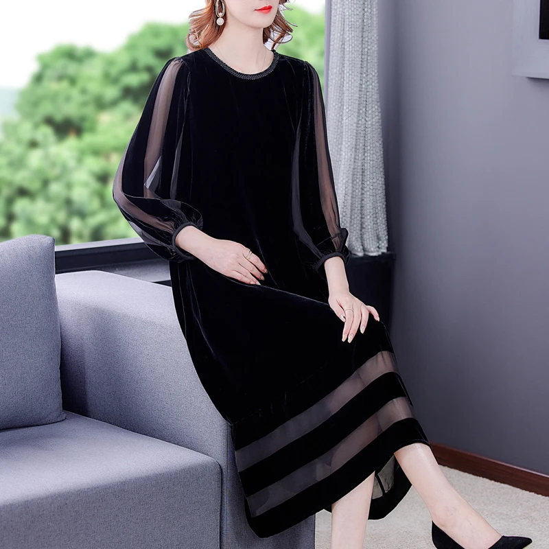 

Female Black Velvet Loose Maxi Dress Autumn Winter Korean Vintage Mesh Patchwork Sexy Dress 2023 Elegant Casual Evening Vestidos