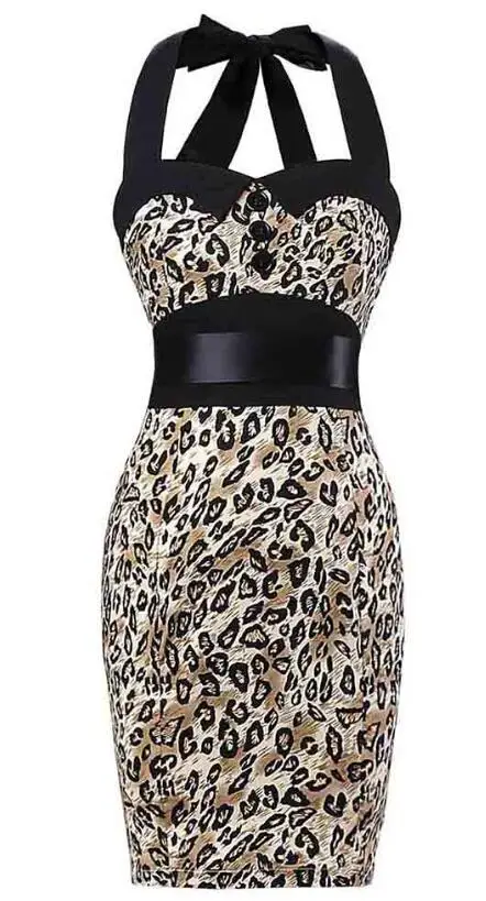 leopard print dress Черное сексуальное платье в горошек с лямкой на шее в стиле рокабилли винтажное женское летнее облегающее платье-карандаш с леопардовым принтом, 50s - Цвет: leopard print dress