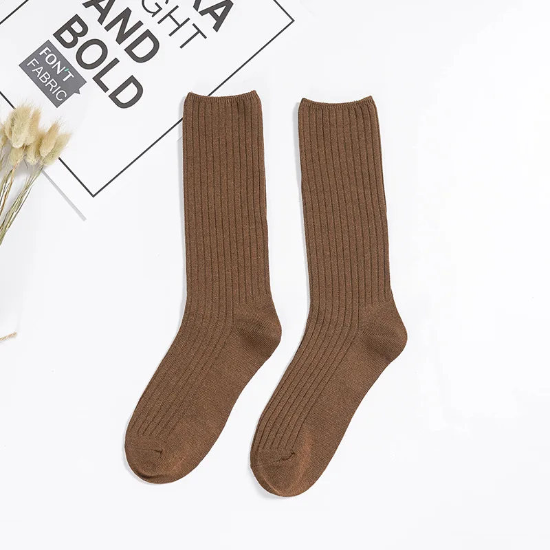 3Pairs/lot=6Pieces Autumn Solid Color Double Needle Vertical Stripes Long Socks Female Cotton Thickening Woman Winter Socks