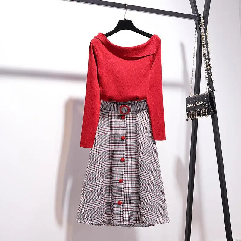 ICHOIX Женский комплект из 2 предметов, элегантный вязаный топ с вырезом лодочкой и юбка, корейский комплект одежды из 2 предметов, одежда из 2 предметов, Осень-зима