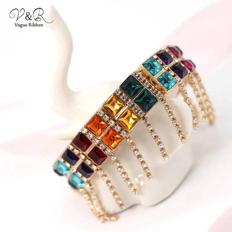 Gold Plated Rhinstone Paving Chunky Statement Party Bangle Bracelet , Gold Plated Multi-color Rhinestone Paving Stone Chain Dangling Statement Party Bangle Bracelet for Women    (3)