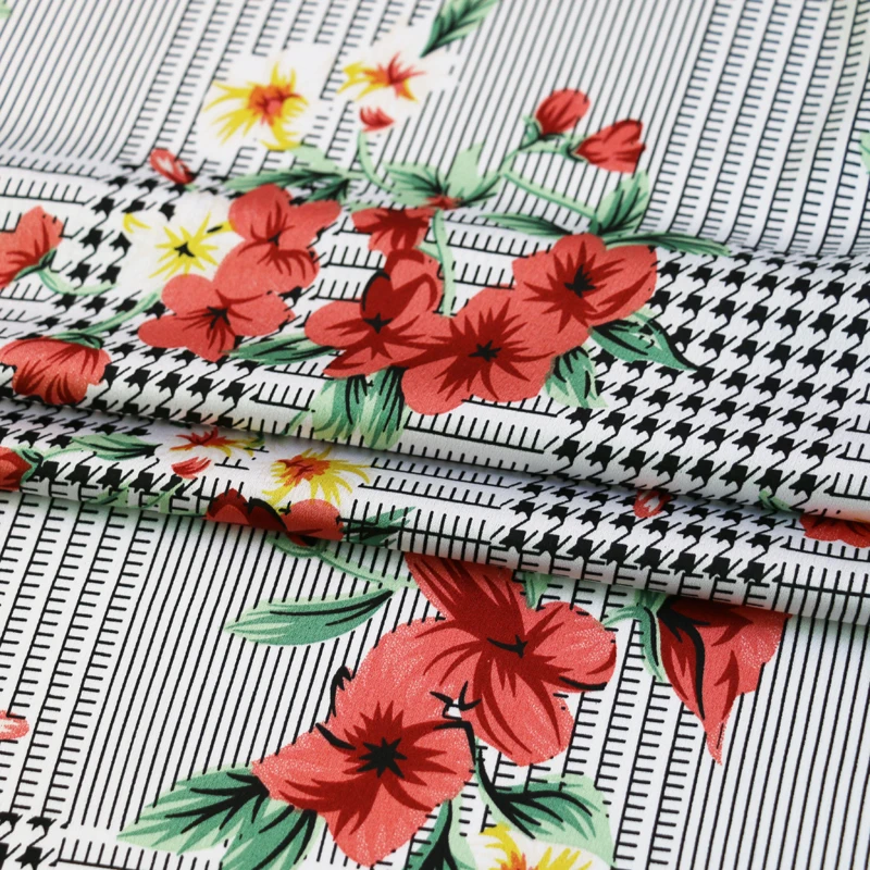 Dogtooth Print Dress Material Viscose Elastane Stretch Fabric Florals