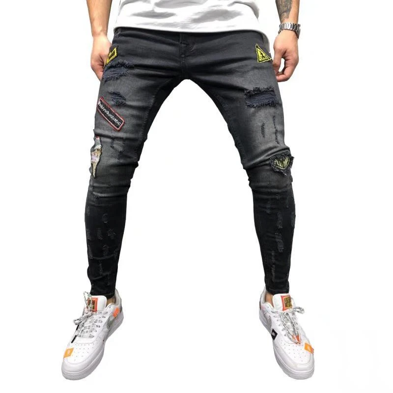 Goede 3 stijlen Mannen Ripped Skinny Biker Jeans Vernietigd Verzwakte Print Borduren Slim Fit Denim Broek Jean Plus Size 3XL