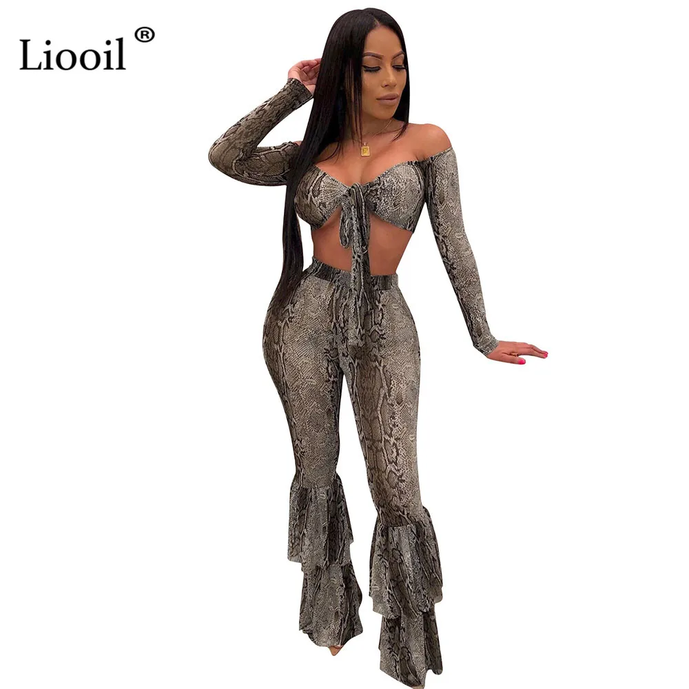 

Liooil Snake Print Two Piece Outfits Set Off Shoulder Sexy Bell Bottom Jumpsuits Long Sleeve Lace-Up Party Club Flare Jumpsuit