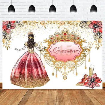 

Quinceañera Mexico 15th Adult Ceremony Photography Backdrop Princess 15th Birthday Background Girl Red Dress Gems Gold Crown